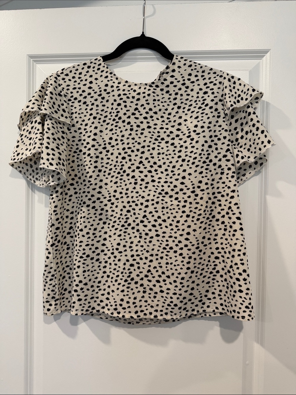SHEIN Cream and Black Dalmatian Ruffle Sleeve Blouse